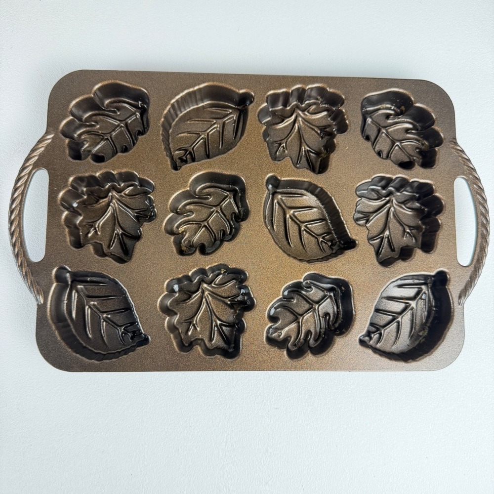 Nordic Ware Cakelet Pan Leaflettes Harvest Autumn Leaf Cast Aluminum Bronze